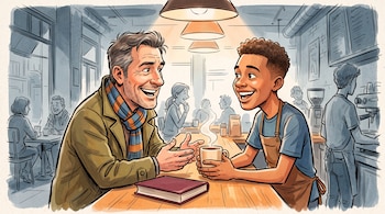 Un hombre con abrigo y bufanda y un camarero con delantal conversan junto a un libro y una taza de café sobre una barra.
