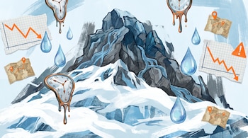 Ilustración digital de una montaña estilizada con nieve en la base y roca expuesta, de la que fluye agua. Relojes derretidos, gotas, gráficos de descenso y mapas flotan alrededor.