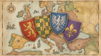 Un mapa de Europa estilo antiguo con una rosa de los vientos, barcos y monstruos marinos, cubierto por cuatro escudos heráldicos: león, torre, águila, flor de lis.