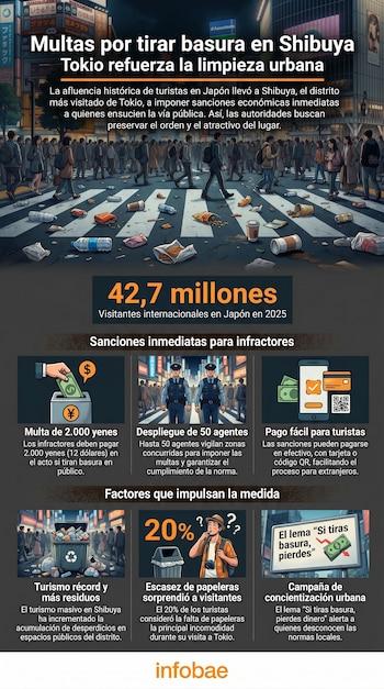 Infografía del cruce de Shibuya, Tokio, con personas y basura en el suelo. Contiene información sobre multas por residuos, agentes de vigilancia y turismo.