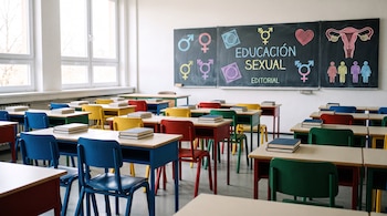 Un pizarrón negro con tiza de colores muestra el título 'EDUCACIÓN SEXUAL EDITORIAL', símbolos de género, condones, un corazón, un útero y figuras humanas. Un aula con pupitres y sillas de colores y ventanas.