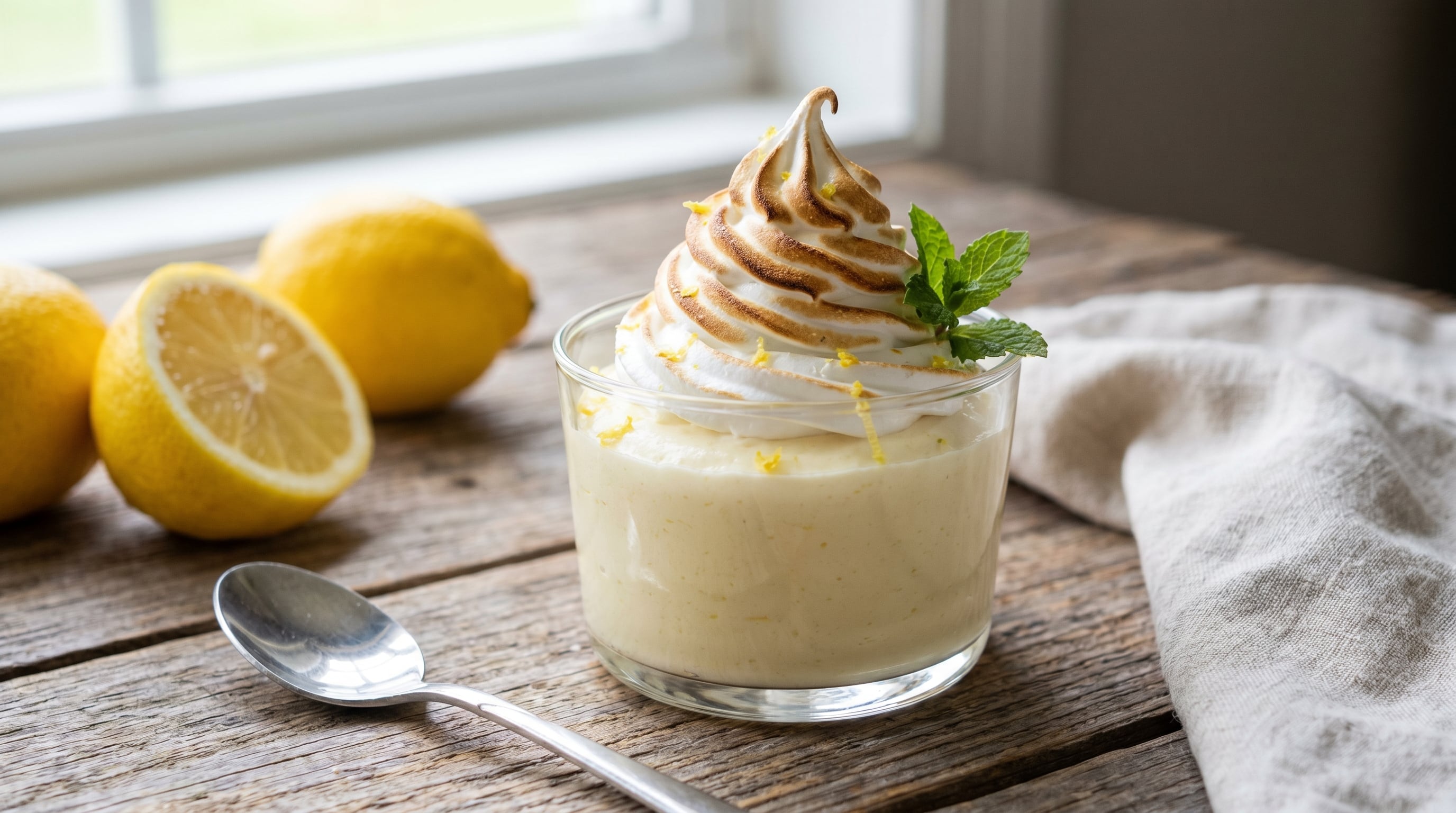 Un cremoso mousse de limón adornado con merengue italiano tostado, ralladura de limón y una hoja de menta, presentado sobre una mesa de madera rústica junto a limones frescos. (Imagen Ilustrativa Infobae)