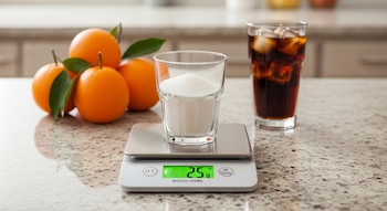 Un vaso con 25 gramos de azúcar en una balanza digital sobre una mesada de granito, con naranjas frescas y un vaso de bebida cola en el fondo.