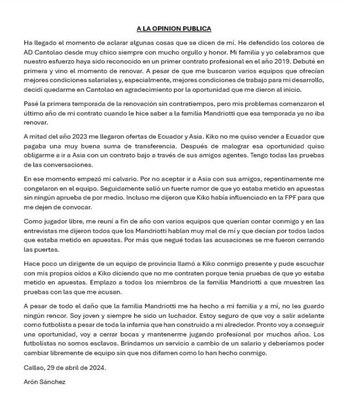 La carta de Aron Sánchez