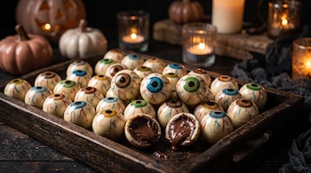 Una bandeja con dulces redondos de chocolate decorados como ojos con venas y pupilas de colores, acompañados de calabazas y velas al fondo.
