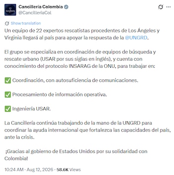 Veintidós rescatistas provenientes de Los Ángeles y Virginia se incorporarán a las tareas de búsqueda en Colombia tras el terremoto de magnitud 7,4 - crédito Cancillería de Colombia