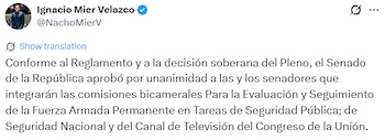 El senador Ignacio Mier Velazco afirmó que la integración de las comisiones bicamerales se realizó conforme al reglamento y al acuerdo del Pleno.
