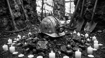Fotografía en blanco y negro de un casco de minero sucio y desgastado con lámpara apagada, sobre carbón y rocas, rodeado de velas encendidas y pequeñas lámparas.