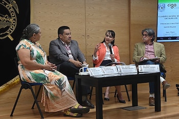 Cuatro personas conversan sentadas en un escenario frente a una mesa baja con letreros y junto a una pantalla con texto