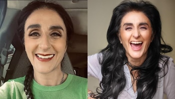 Dos retratos de la actriz Bárbara Torres sonriente: a la izquierda luce ropa verde y a la derecha viste una prenda blanca con el cabello suelto