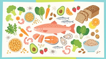 Salmón, filetes de salmón, sardinas, camarones, ostras, brócoli, espinaca, rúcula, zanahorias, aguacate, naranjas, fresas, lentejas, garbanzos, pan, arroz, almendras, nueces, semillas.