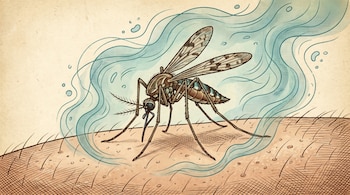 Ilustración detallada de un mosquito posado sobre piel humana con folículos pilosos, y una nube azul transparente de aroma de DEET a su alrededor.