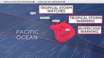 Mapa de Hawái con las islas Lihue, Honolulu, Kahului e Hilo; el océano Pacífico y etiquetas de alerta por tormenta tropical y huracán