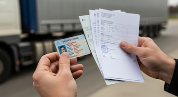 Primer plano de dos manos sosteniendo una licencia de conducir y una pila de documentos oficiales, con un camión de carga borroso al fondo en un día nublado.