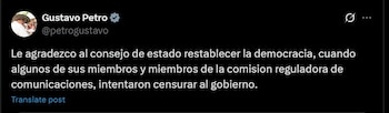 Agradecimiento de Gustavo Petro al