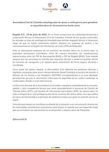 La Aerocivil asumió de forma provisional la emisión de avisos aeronáuticos para la zona afectada de Venezuela tras los terremotos - crédito @AerocivilCol/X