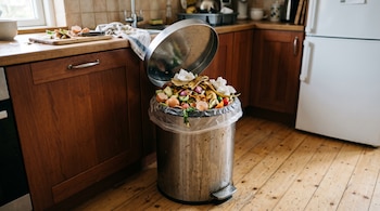 Un bote de basura de acero inoxidable lleno de cáscaras de plátano y huevo en una cocina con muebles de madera.