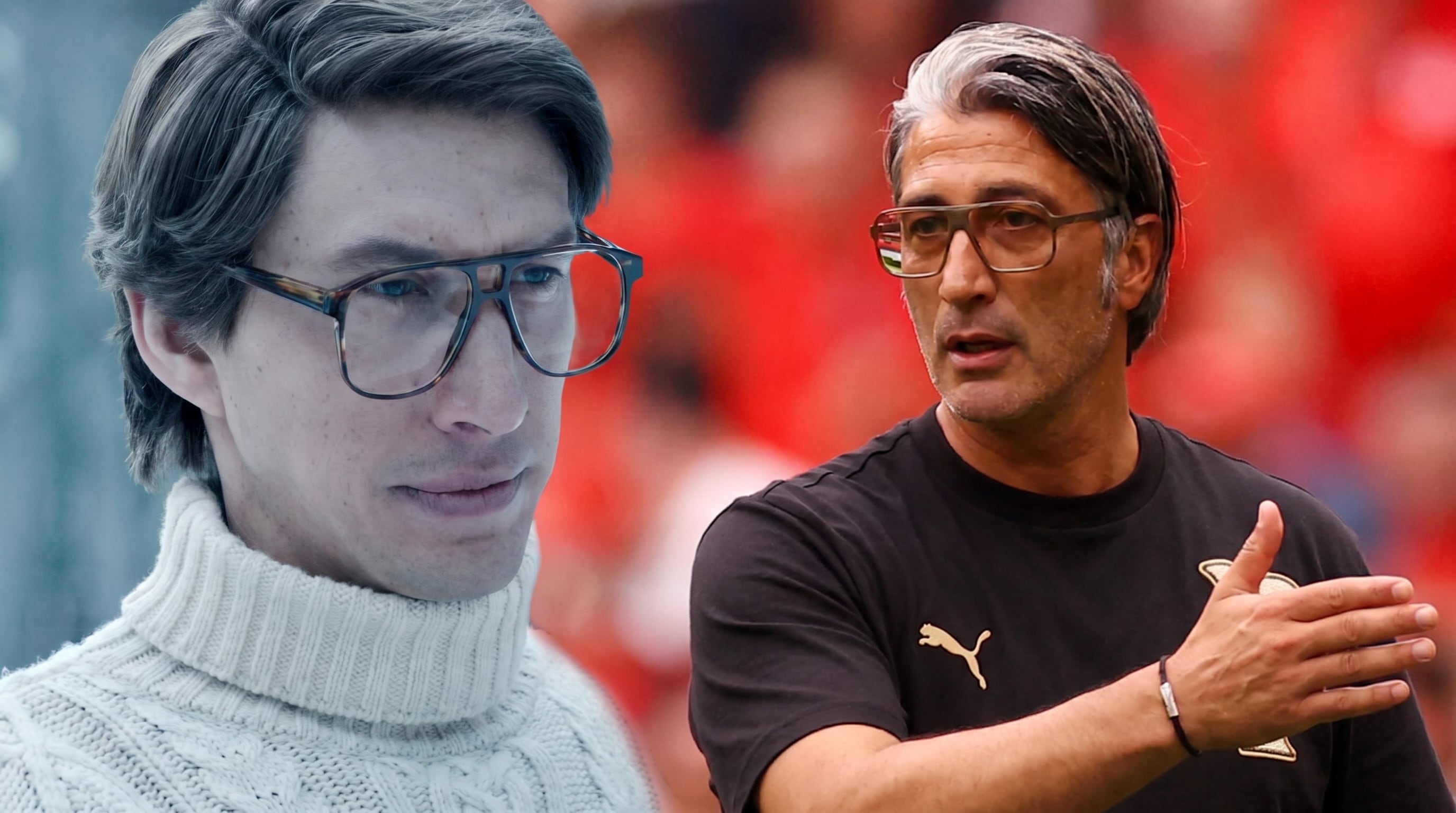 El actor Adam Driver caracterizado como Maurizio Gucci y el entrenador de fútbol Murat Yakin (Imagen Ilustrativa Infobae)
