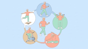 Ilustración de una persona mayor con cabello canoso haciendo una secuencia de ejercicios: caminar, levantar pesas, estirar, ciclismo y equilibrio. Fondo azul.