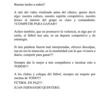 Juan Fernando Quintero pidió una disculpa pública por su arenga en donde habló sobre los sueldos de los jugadores del Deportivo Cali - crédito @juanferquintero10 / X