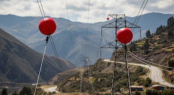 Imagen de dos esferas rojas en cables de alta tensión cruzando un valle montañoso en Perú, con torres eléctricas y una carretera sinuosa visible.