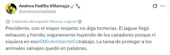 La congresista replicó en X a la lectura simbólica del mandatario y pidió medidas concretas para la fauna silvestre, al señalar que el ejemplar llegó herido y exhausto, presuntamente huyendo de cazadores - crédito captura de pantalla @andreanimalidad / X