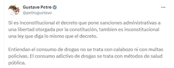 Petro respondió a críticas sobre derogación del decreto que permitía a la Policía decomisar drogas en espacio público - crédito @petrogustavo/X