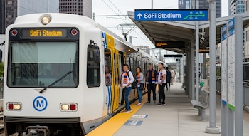 Tren blanco y amarillo de LA Metro con logo 'M' en estación de Los Ángeles. Fans con bufandas abordan bajo señal 'SoFi Stadium' y mapas de ruta.