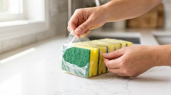 Manos que abren un envoltorio plástico transparente con esponjas amarillas y verdes sobre una mesada blanca.