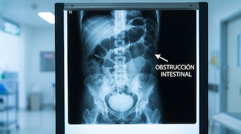 Radiografía del abdomen y pelvis de un torso humano en un negatoscopio iluminado, con una flecha y texto "OBSTRUCCIÓN INTESTINAL".