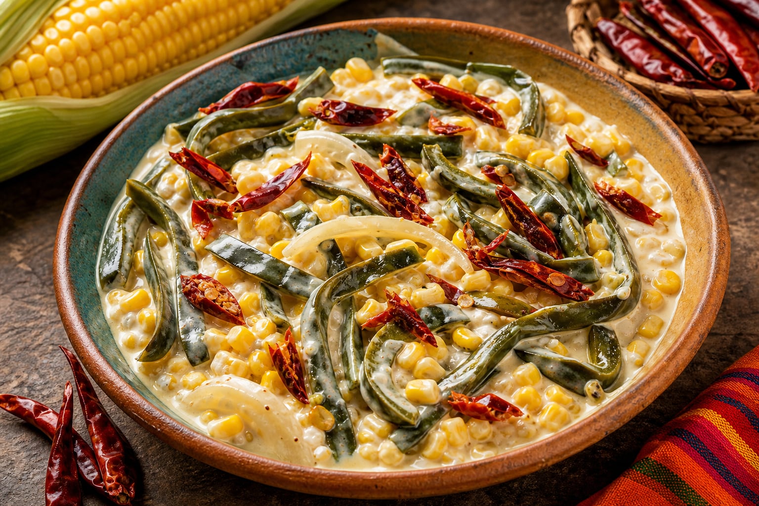 Un plato hondo de barro contiene rajas de chile poblano servidas con crema, granos de elote y chiles de árbol secos. (Imagen Ilustrativa Infobae)