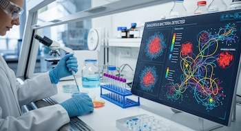 Científica con gafas y guantes azules manipula muestras en laboratorio. Monitor muestra gráficos digitales de detección de bacterias peligrosas y rutas de proteínas.