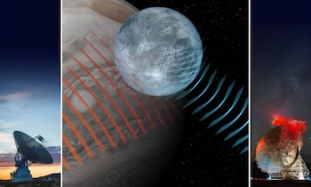 Imagen compuesta que muestra el radar del sistema solar Goldstone de la NASA enviando señales de radar a Europa, las cuales son captadas por el telescopio Green Bank de la Fundación Nacional de Ciencias de EE. UU (NSF/AUI/NSF NRAO/P.Vosteen)