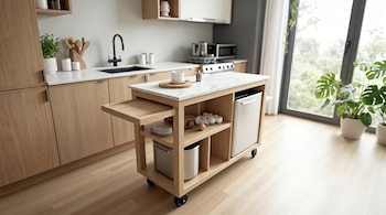 Una cocina moderna con gabinetes de madera clara, encimeras de mármol blanco y un fregadero negro. En primer plano, una isla de madera con ruedas, cajón y mininevera.