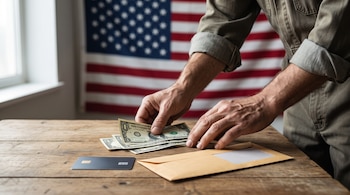 Manos de un trabajador sobre una mesa de madera con billetes de dólar, una tarjeta, un sobre y la bandera de Estados Unidos al fondo.