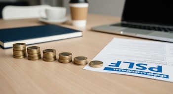 Pilas de monedas de dólar en fila sobre una mesa, con un formulario de préstamo federal PSLF, una taza de café, un cuaderno y una laptop cerrada en el fondo.