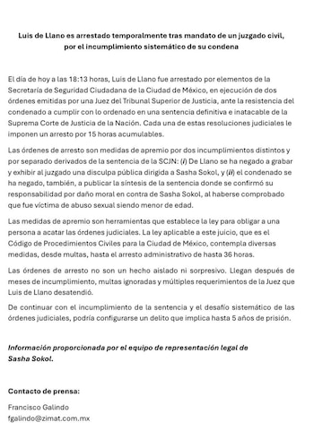 Comunicado de los representantes legales de Sasha Sokol. (Redes sociales)