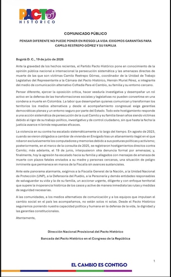 El Pacto Histórico solicitó a la Fiscalía, la UNP, la Defensoría del Pueblo y la Personería activar las medidas de seguridad correspondientes. - crédito @PactoCol/X