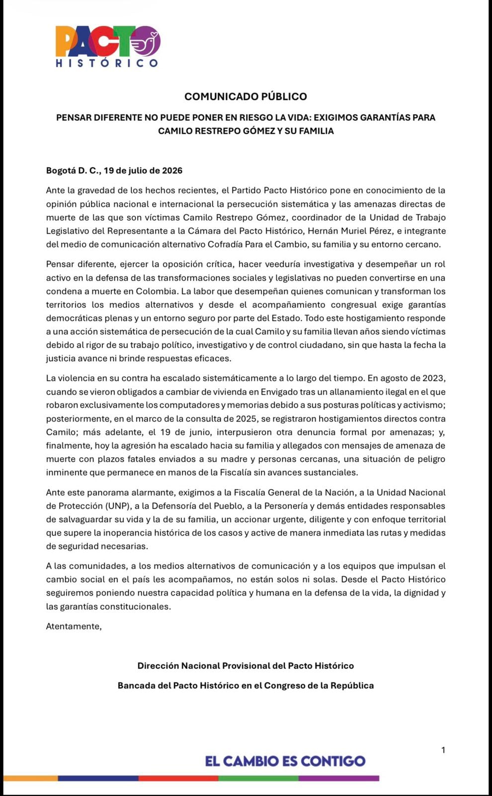 El Pacto Histórico solicitó a la Fiscalía, la UNP, la Defensoría del Pueblo y la Personería activar las medidas de seguridad correspondientes. - crédito @PactoCol/X