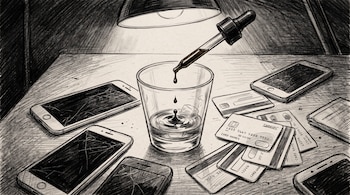 Un gotero vierte una gota en un vaso junto a varios teléfonos inteligentes y tarjetas bancarias bajo una lámpara de escritorio.