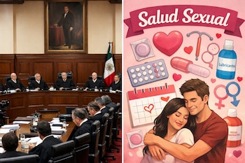 Imagen dividida: a la izquierda, el pleno de la SCJN en sesión; a la derecha, una ilustración de pareja abrazada y elementos de salud sexual como condones, píldoras y DIU.