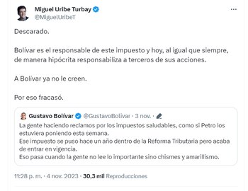 Miguel Uribe Turbay, criticó a Gustavo Bolívar a causa del impuesto saludable - crédito @MiguelUribeT/cuenta X