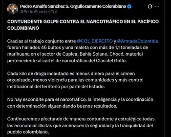 El ministro de Defensa, Pedro Sánchez, califica la incautación en Chocó como un golpe contundente al narcotráfico - crédito @PedroSanchezCol / X