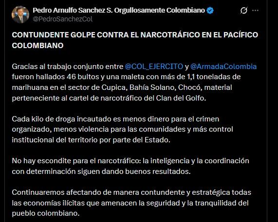 El ministro de Defensa, Pedro Sánchez, califica la incautación en Chocó como un golpe contundente al narcotráfico - crédito @PedroSanchezCol / X
