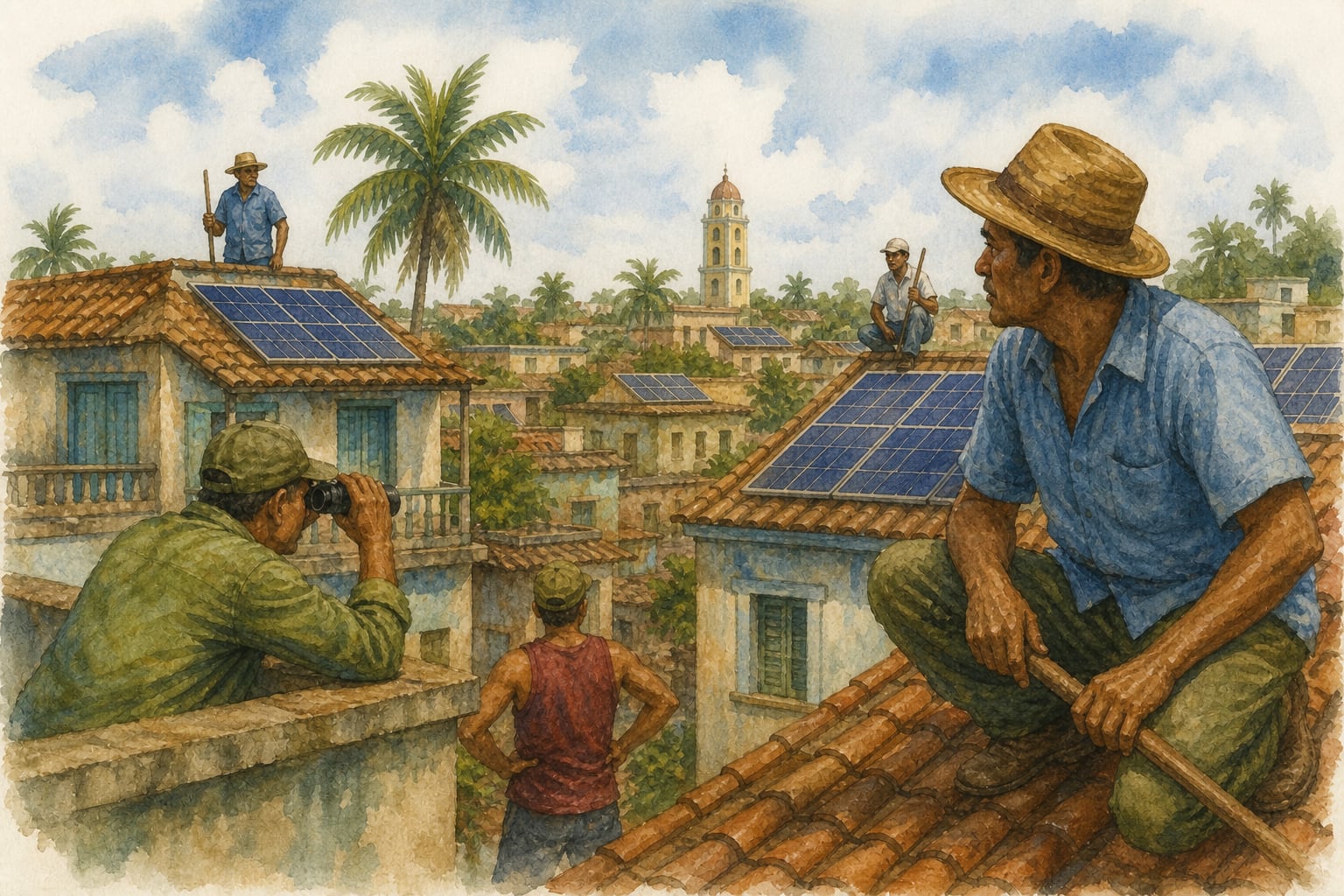 Residentes en Cuba vigilan desde los techos de sus viviendas la seguridad de los paneles solares instalados en el vecindario. (Imagen Ilustrativa Infobae)