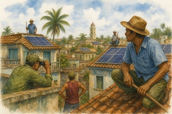 Ilustración de varios hombres en tejados con tejas rojas junto a paneles solares, uno observa con binoculares y otros sostienen varas.
