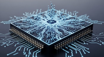 Primer plano de un chip con intrincados circuitos azules brillantes, que se extienden desde un centro y se conectan a pines dorados en los bordes.