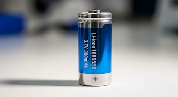 Primer plano de una pila de iones de litio azul y plateada, modelo 18650, con las especificaciones 3.7V 300mAh impresas en su superficie.