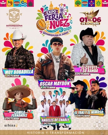 Cartel publicitario con los artistas musicales y las fechas de sus presentaciones para la Expo Feria de la Nuez 2026