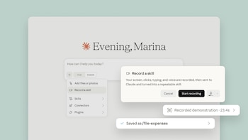 La función Record a Skill de Claude Cowork se activa en la aplicación de escritorio desde el menú “+”, donde la IA registra pantalla, voz, mouse y teclado.
